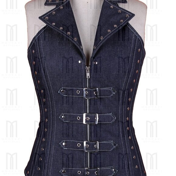 Fullbust Denim Halter Neck Corset with Silver Hardware & Buckle Straps